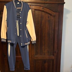 Blue and Cream Varsity Jacket and Pants Set